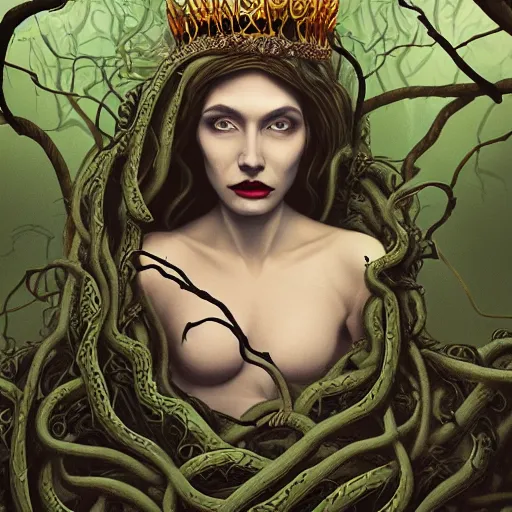 Image similar to dramatic portrait of the dark queen of snakes wearing a crown of snakes, blue skin, realism, dark fantasy illustration, surrounded by vines in a dead forest, dynamic lighting, octane render, artstation
