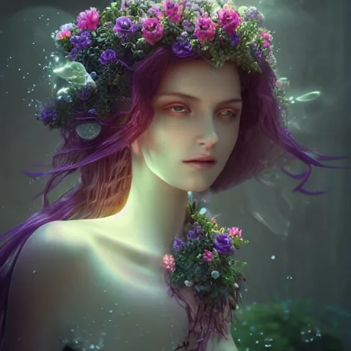 Image similar to ultra realistic 3 d render of a gorgeous goddess made of water and blooming flowers rising out of the water dripping by charlie bowater and farid ghanbari, beautiful, bioluminescent, ethereal, waterfall, intricate, elegant