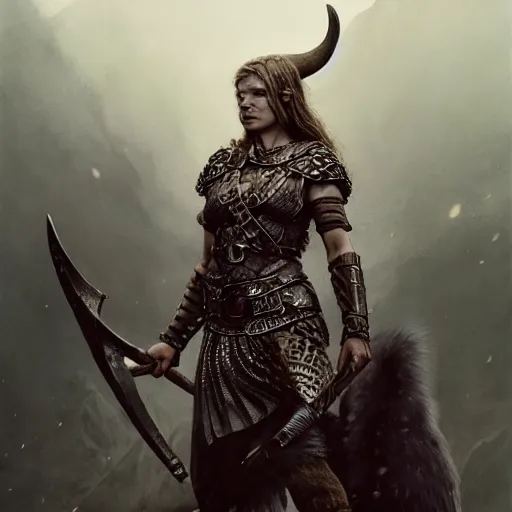 Prompt: Official full-body photo of a majestic fierce viking woman, leader, mind-blowing details, ethereal, fear, scarred, highly detailed, viking attire, cinematic, 16k, 1080s, smooth, sharp focus, by Stanley Artgermm, Tom Bagshaw, Greg Rutkowski, Vincent di Fate, Carne Griffiths, Ayami Kojima, WLOP, trending on DeviantArt, hyper detailed, full of color, digital art, Vibrant colors, Smooth gradients, High contrast, depth of field, aperture f2.8