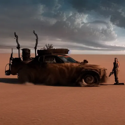 Image similar to mad max vehicle with skis as wheels driving on water on a desert lagoon, cinematic, intricate lighting, atmosphere, highly detailed, sharp focus, movie still