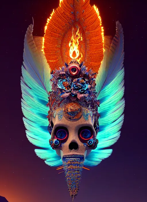 Image similar to 3 d goddess portrait, 8 k micro details global illumiantion beautiful intricate highly detailed quetzalcoatl skull and feathers. bioluminescent, fire, snow, water, wind, creature, thunderstorm! artwork by tooth wu and wlop and beeple and greg rutkowski, trending on artstation,