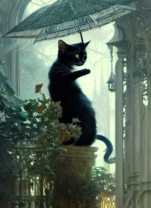 Image similar to tuxedo cat taking shelter from the rain, fantasy, intricate, elegant, hyper detailed, ultra definition, photoreal, artstation, unreal engine rendered, concept art, smooth, sharp focus, illustration, art by artgerm and greg rutkowski and alphonse mucha and garis edelweiss