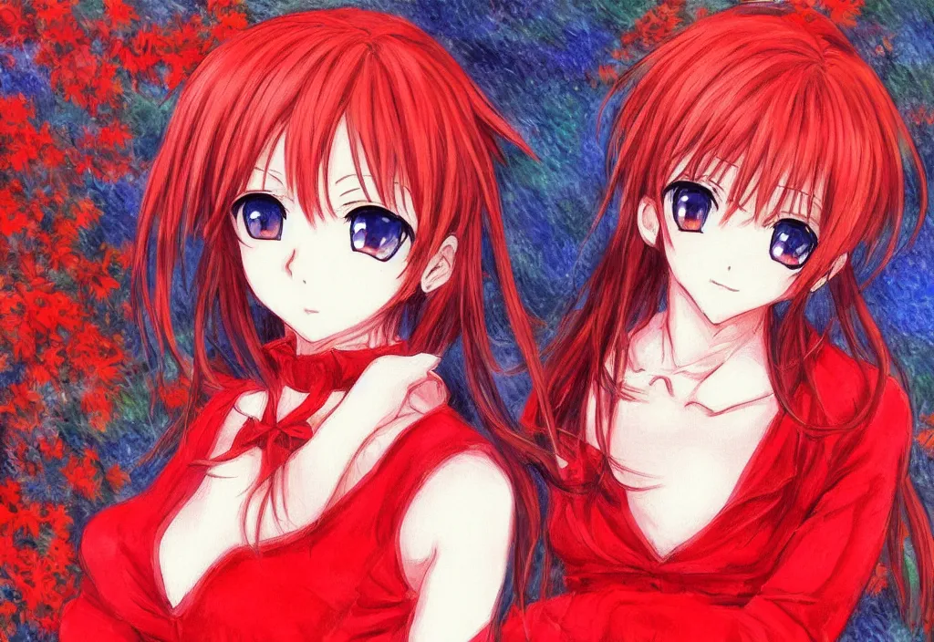 Prompt: detailed face, a cute red outfit, tokyo anime scener, very anime in impressionist style, anime trending artwork, anime painter studio, by claude monet