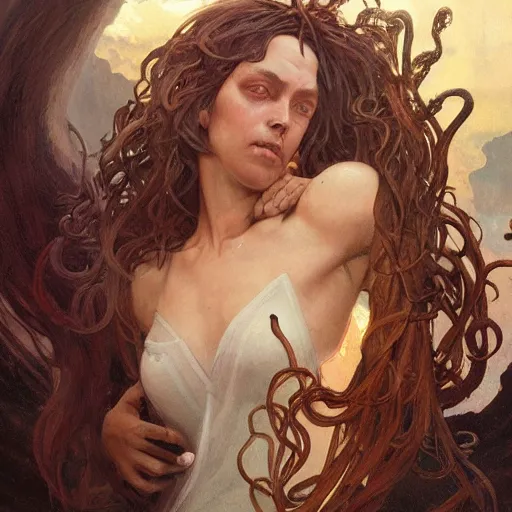 Prompt: ''face medusa with snake hair, furry, greek mythology, greece, fantasy, dungeons and dragons, d & d, digital painting, artstation, concept art, sharp focus, illustration, art by greg rutkowski and alphonse mucha''