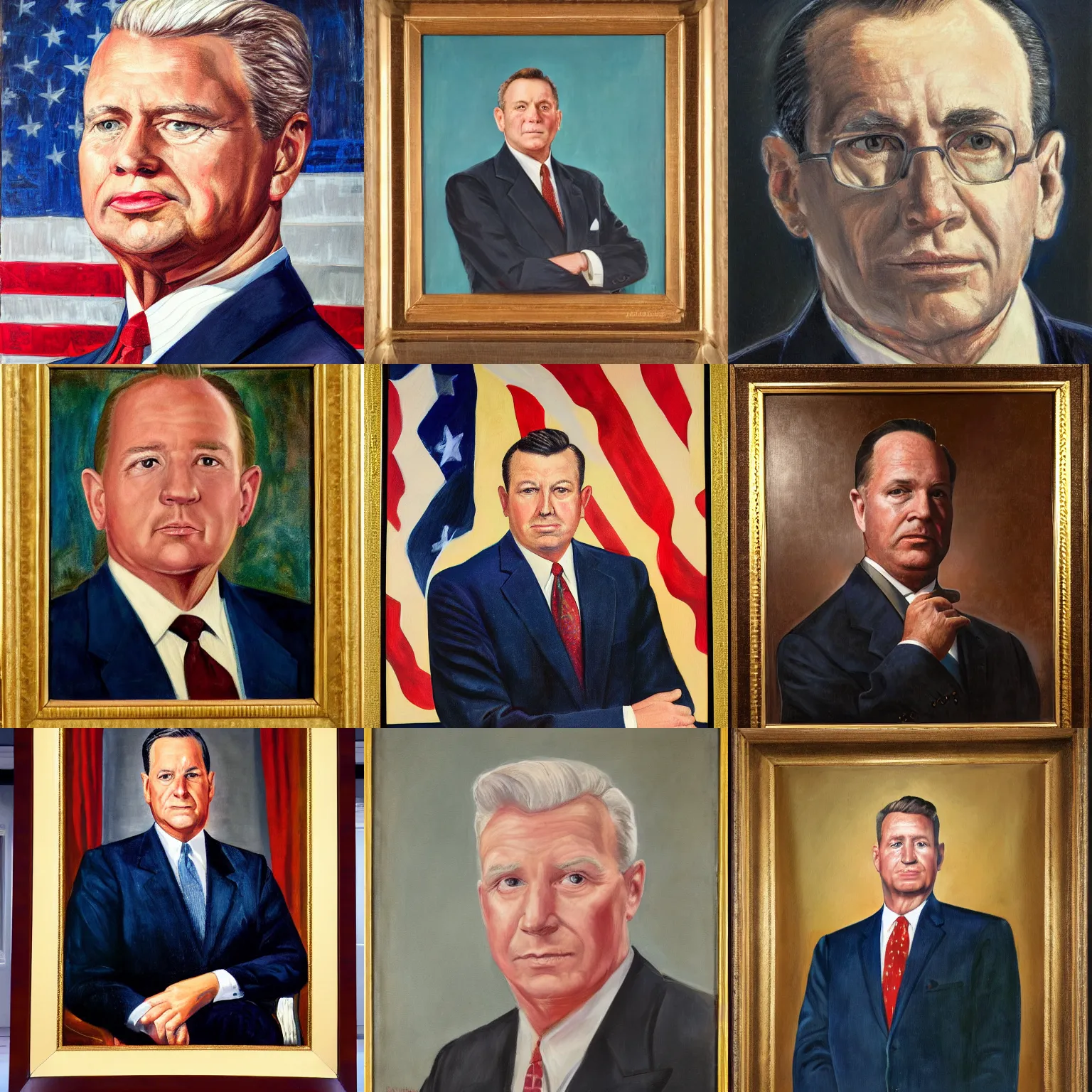 Prompt: official portrait of the United states president , 1954. He is an 45 year old man from Arkansas, Oil and alkyd on canvas by Nancy Fleming Harris, National Portrait Gallery, Smithsonian Institution;