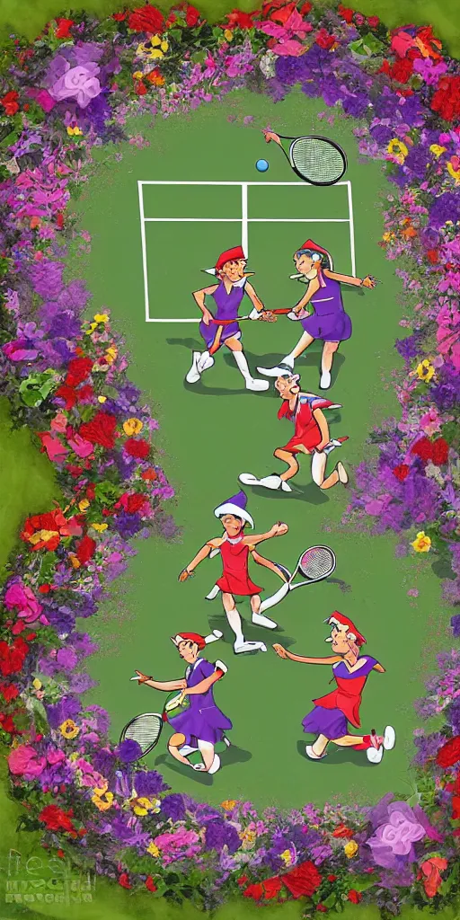 Image similar to Two elves playing tennis on a tennis court made of flowers, digital art