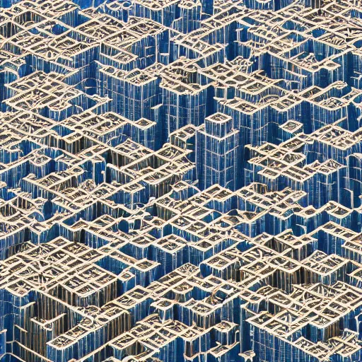 Prompt: a aerial view of modern labyrinthine city based on a menger sponge fractal cube