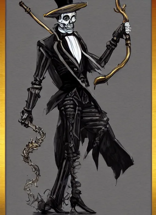 Image similar to DND character art, skeletal male figure, wearing a deep black suit!!! and tie and top hat, holding a gold! cane!, blue flames!!