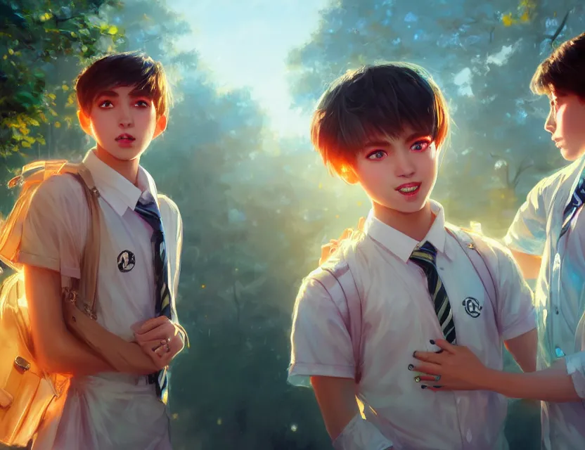 Prompt: a beautiful fashion big eye girl wear flashy dress and a handsome boy wear school uniform in festival | | sunny, dreamlike art, mist, realistic shaded, smile, good looking, fine details, 4 k realistic, cryengine, realistic shaded lighting poster by greg rutkowski, magali villeneuve, artgerm, jeremy lipkin and michael garmash and rob rey