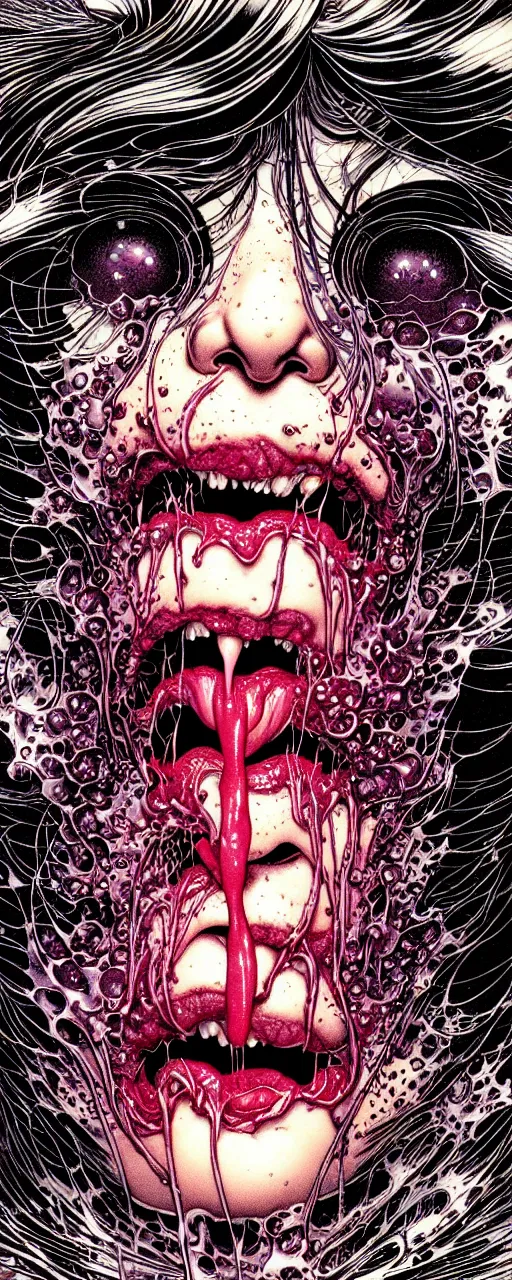 Prompt: closeup of face melting in agony with tongue, by yoichi hatakenaka, masamune shirow, josan gonzales and dan mumford, ayami kojima, takato yamamoto