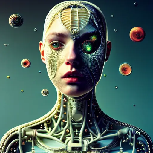 Image similar to Colour aesthetic Caravaggio style full body Photography of Highly detailed beautiful cybertronic ukrainian woman with 1000 year old detailed face wearing highly detailed retrofuturistic sci-fi Neural interface designed by Hiromasa Ogura . In style of Josan Gonzalez and Mike Winkelmann and andgreg rutkowski and alphonse muchaand and Caspar David Friedrich and Stephen Hickman and James Gurney and Hiromasa Ogura. Rendered in Blender and Octane Render volumetric natural light