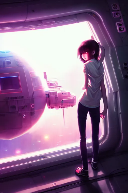 Image similar to a young, slender girl, girl in spaceship, engineering bay, photo realistic, dynamic lighting, artstation, poster, volumetric lighting, 4 k, award winning, a detailed painting by ross tran hyperdetalized, anime | 2 d game art | official art, smooth, cyberpunk, tech