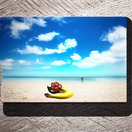 Image similar to banana sunbathing on the beach, matte painting