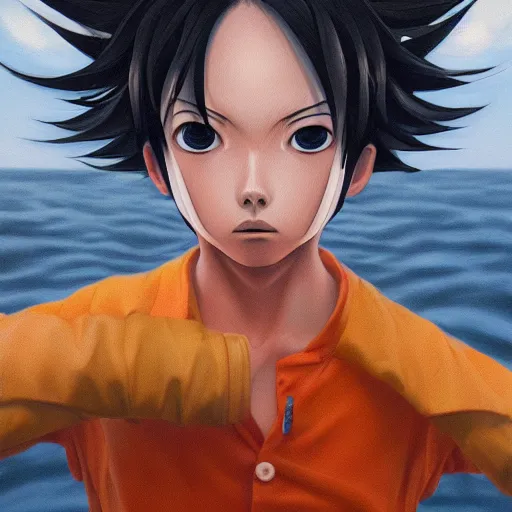 Image similar to symmetry, portrait of luffy at the sea, art by chengwei pan, art by viktoria gavrilenko, detailed, intricate, octane, trending on artstation