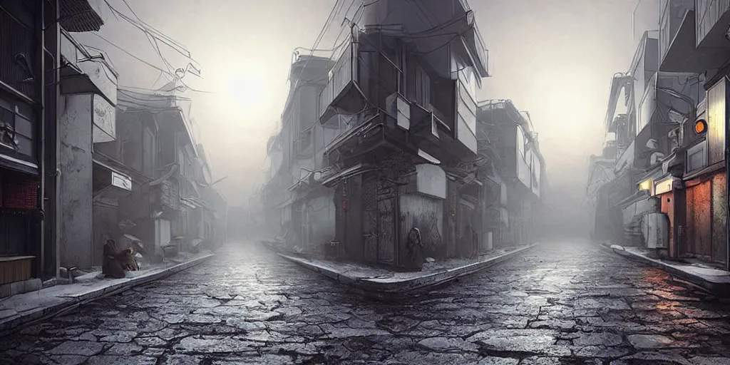 Image similar to nuclear winter, street of kyoto, near future, fantasy, sci - fi, hyper realistic, serene, morning.