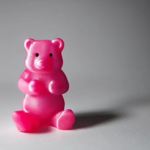 Prompt: professional food photgraphy of pink gummy bear, studio lighting, white background