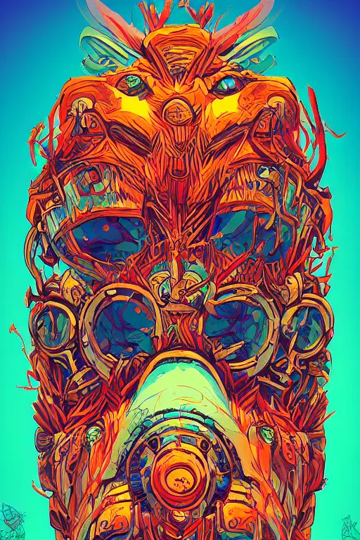 Image similar to totem animal tribal chaman vodoo mask feather gemstone plant wood rock video game illustration vivid color borderlands by josan gonzales and dan mumford radiating a glowing aura