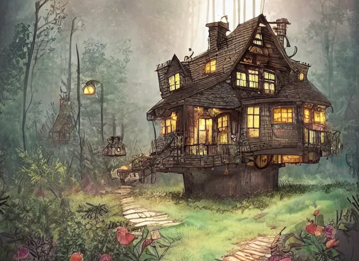 Image similar to house in a clearing in the middle of the forest, beautifully lit, steampunk, children book