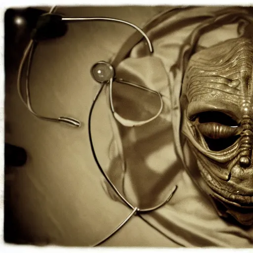 Image similar to an alien autopsy, realistic, vintage, grainy, old style photo, sepia, dark, medical lighting, masked doctors