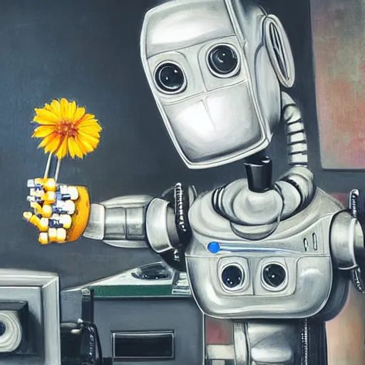 Prompt: robot working on a computer. computer displays an oil painting of a flower, hyperrealistic, cinematic lighting, award winning photography