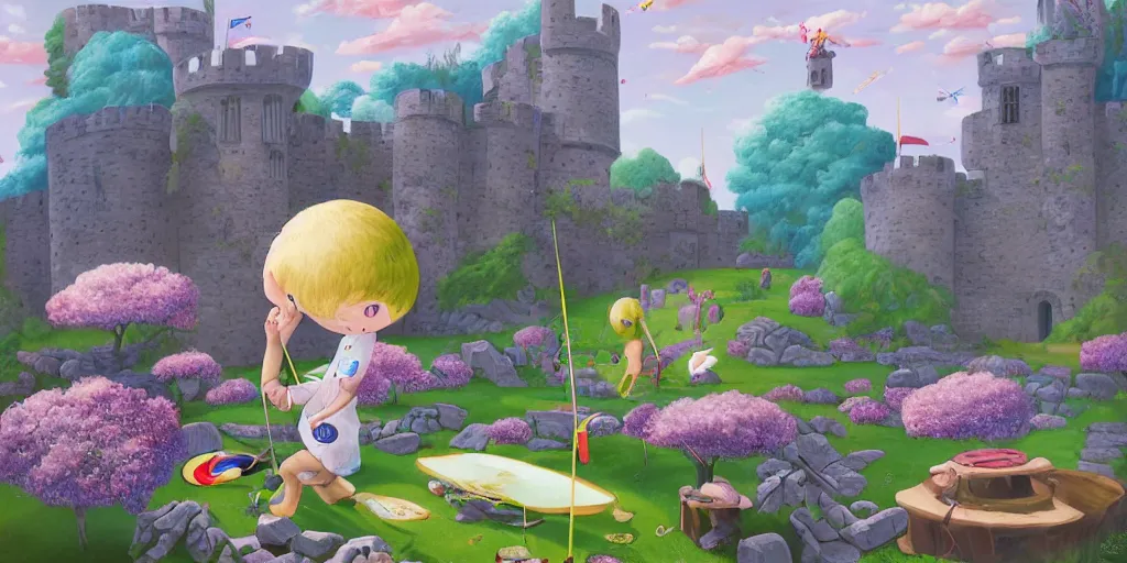 Prompt: a young boy practicing archery in the backyard of a castle, illustration digital art, matte painting, vivid colors, flat colors, cinematic, surreal, wide angle, made by chiho aoshima, trending on artstation, detailed