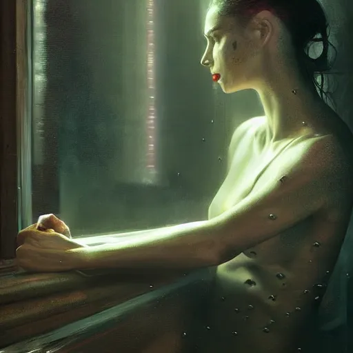 Image similar to detailed face of a woman, moment, cyberpunk cloisters, displays, tech noir, wet reflections, atmospheric, ambient, speed painting, livia prima, greg rutkowski, edward hopper