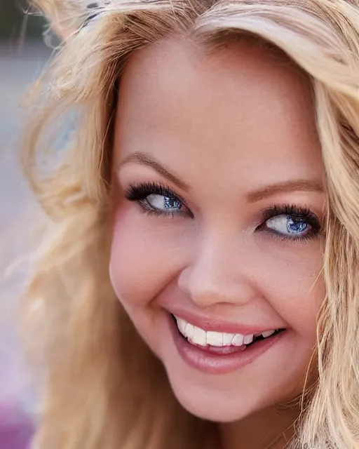 Image similar to closeup portrait gorgeous bree olson, long blonde hair and big eyes, beautiful smile, finely detailed perfect face, standing on the wet street at sunset, a movie directed by christopher nolan, movie still frame, promotional image, imax 7 0 mm footage