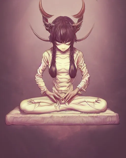 Prompt: a tiny cute demon floating while meditating and wrapped in sacred scrolls, smooth, intricate, elegant, digital painting, artstation, concept art, sharp focus, octane render, illustration, art by shintaro kago, apex legends character,