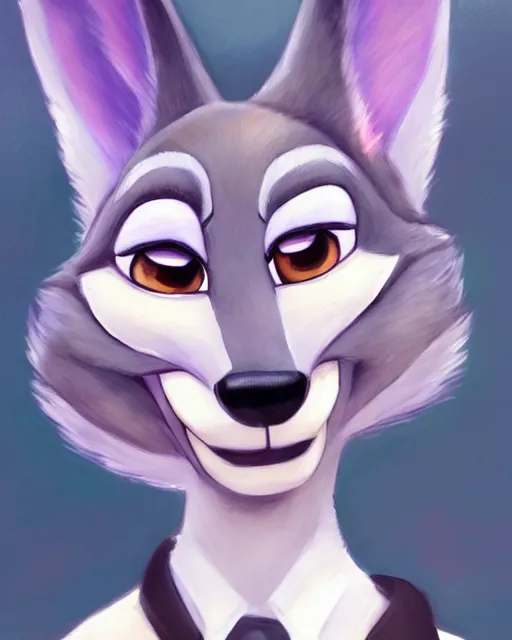 Image similar to beautiful oil painting of anthromorphic female wolf, in style of zootopia, zootopia, zootopia, fursona, furry, furaffinity, 4 k, deviantart, furry art, fursona art, wearing black business suit, business suit, in style of zootopia, wolf fursona, female, expressive detailed very very very feminine face,