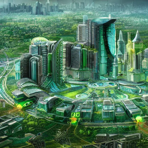 Image similar to vast detailed intricate solarpunk utopia green architecture sprawling metropolis with many crossing monorails