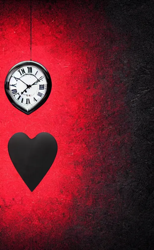 Image similar to a melting Roman numeral clock, behind a red and black gradient background, awith a black heart shaped on the top left corner and a black diamond card shape in the bottom right corner, dynamic lighting, photorealistic fantasy concept art, trending on art station, stunning visuals, cinematic, creative, ultra detailed