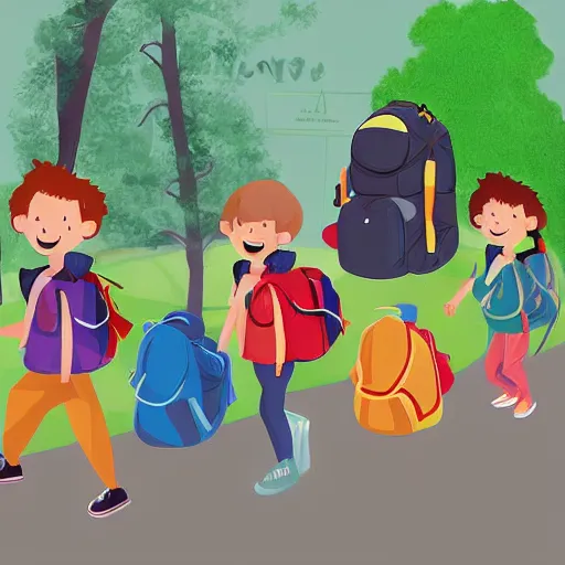 Image similar to A photograph of dinosaurs with backpacks walking to kindergarten, digital art, characters