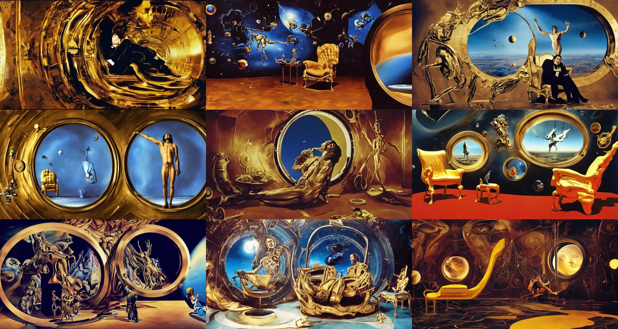 Prompt: foreground : crazy magnificent salvador dali sits on a gold chair in a dark room | background : a huge porthole in which space, planet arrakis, and spaceships are visible | from the movie by alejandro jodorowsky with the cinematography of christopher doyle and art direction by hans giger, anamorphic lens, kodachrome, 8 k