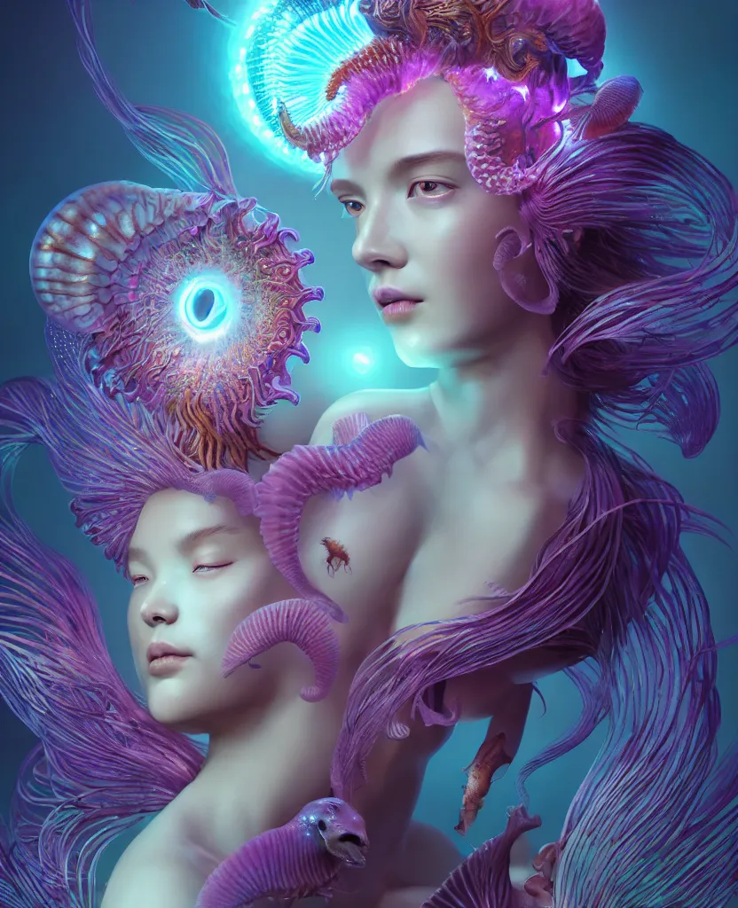 Image similar to goddess close-up portrait. chimera orchid jellyfish phoenix head, nautilus, skull, betta fish, bioluminiscent creatures, intricate artwork by Tooth Wu and wlop and beeple. octane render, trending on artstation, greg rutkowski very coherent symmetrical artwork. cinematic, hyper realism, high detail, octane render, 8k