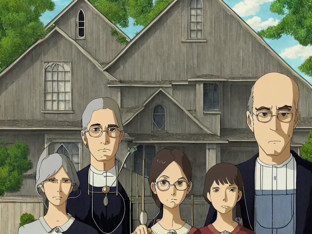 Image similar to american gothic in detailed studio ghibli anime style