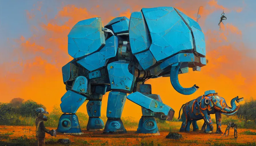 Image similar to an intricate oil painting of a giant south african armored elephant shaped scrap metal mecha by simon stalenhag, yellow, orange and cyan paint decals