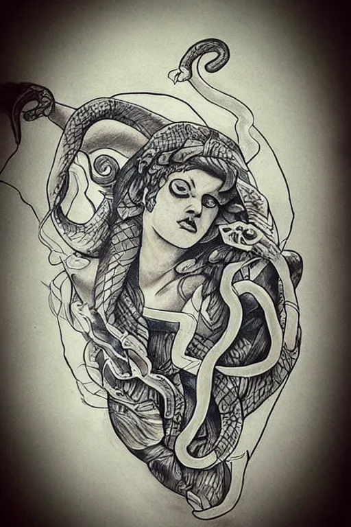 Prompt: Tattoo inspired artwork featuring snake headed Medusa from Greek Mythology
