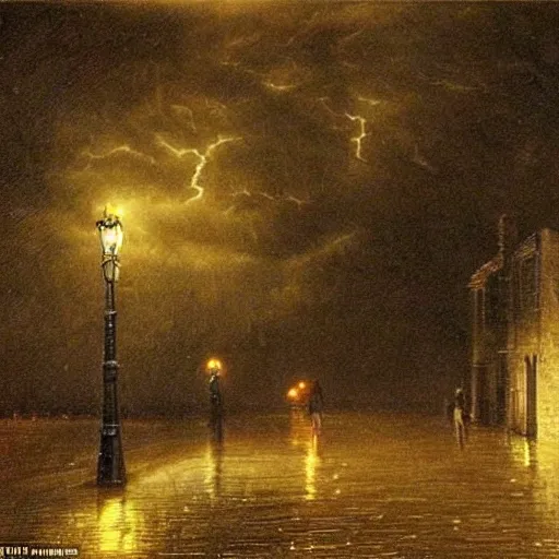 Image similar to It was a dark and stormy night; the rain fell in torrents, except at occasional intervals, when it was checked by a violent gust of wind which swept up the streets (for it is in London that our scene lies), rattling along the house-tops, and fiercely agitating the scanty flame of the lamps that struggled against the darkness