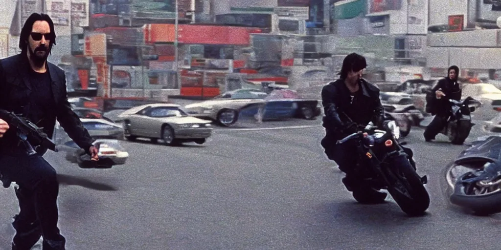 Image similar to beautiful hyperrealism three point perspective film still of Keanu Reeves as neo in bullet time aiming two uzi at agent smith in a nice oceanfront promenade motorcycle chase scene in Matrix meets kagemusha(1990) extreme closeup portrait in style of 1990s frontiers in translucent porclein miniature street photography seinen manga fashion edition,, tilt shift style scene background, soft lighting, Kodak Portra 400, cinematic style, telephoto by Emmanuel Lubezki