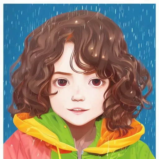 Prompt: a little girl with short wavy curly light brown hair and blue eyes wearing a colorful raincoat in the rain. clean cel shaded vector art by lois van baarle, artgerm, helen huang, by makoto shinkai and ilya kuvshinov, rossdraws, illustration, art by ilya kuvshinov