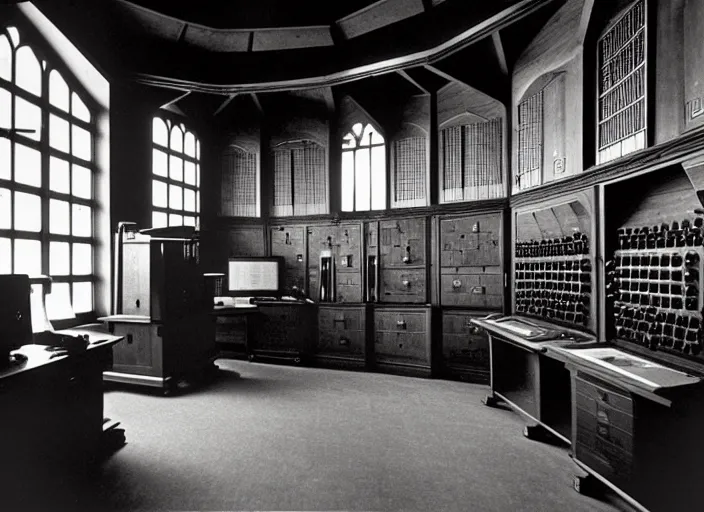 Prompt: realistic photo interior of the spacious wooden polished medieval expensive wooden room observatory scientific interior with dozens of computers and displays and molecules 1 9 9 0, life magazine reportage photo