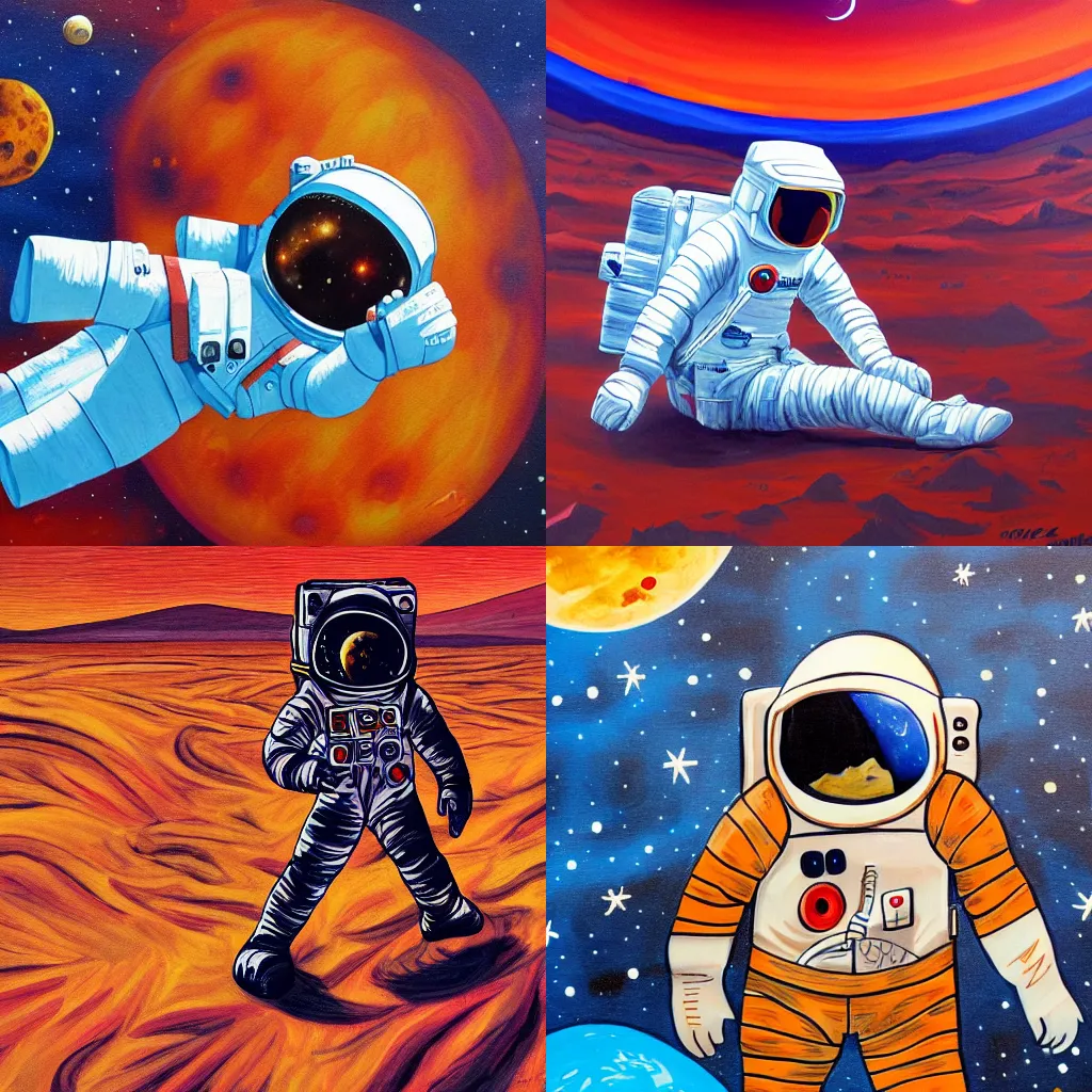Prompt: an astronaut laying on mars in the style of flooko, acrylic art, detailed, moonlight