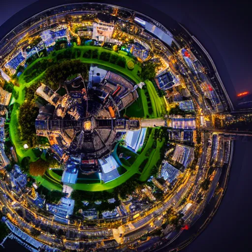 Image similar to birds eye view of cyberpunk city, park with medieval castle in the center, at night, fish eye lense, highly detailed, 4 k uhd image