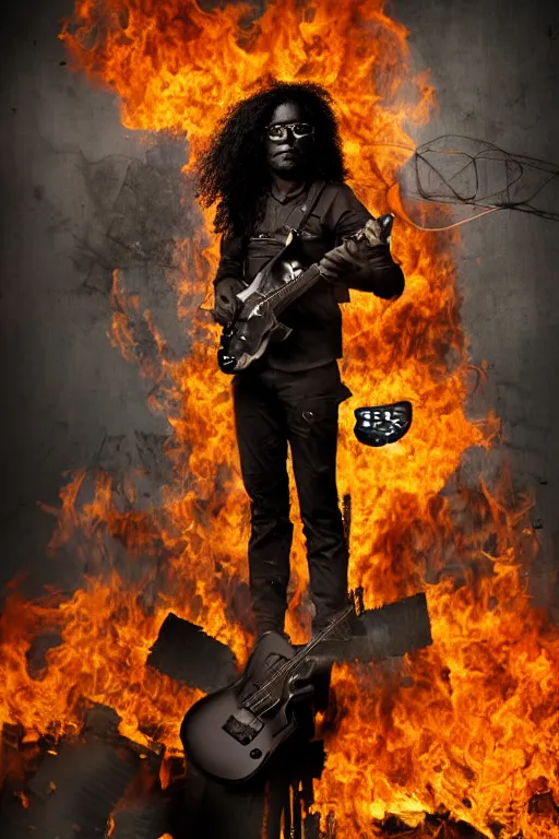 Prompt: portrait of a lost black soldier with long curly hair, wearing glasses, with a electric guitar, with eyes of sorrow standing Infront of a burning building. Realism. V-Ray. 8K. Photography. Sad. Moody. Emotional.