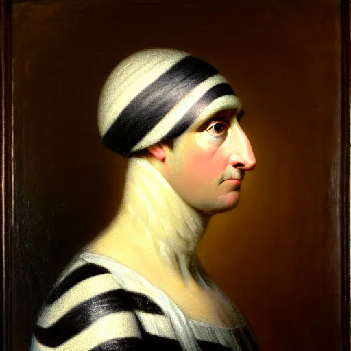 Prompt: zebra, a head and shoulders portrait painting of an zebra wearing a colonial outfit without a hat looking off camera, a character portrait, american romanticism, oil on canvas, soft focus