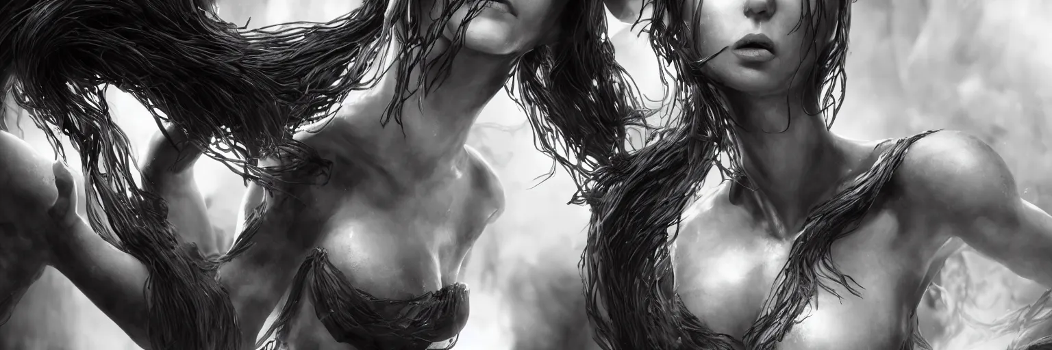 Image similar to epic fantasy render of a beautiful skinny woman body, dark hairs, black and white, highly detailed, cinematic, hyperrealism, dynamic lighting, cgsociety