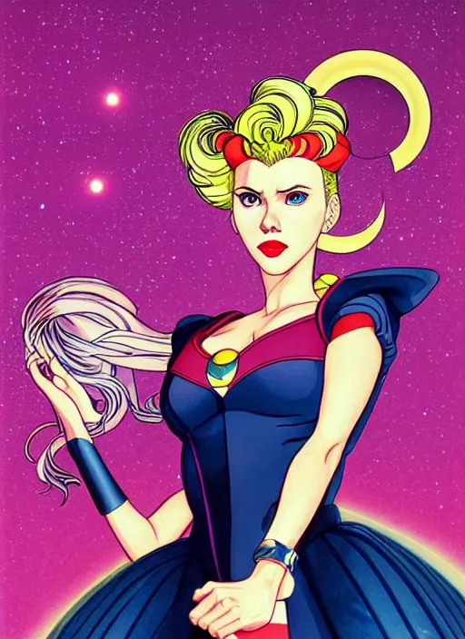 Image similar to perfectly centered realistic portrait of scarlett johansson as a sailor moon, futuristic, dark, highly detailed, 8 0 - s style, sharp focus, illustration, art by jamie christopher hewlett and kawase hasui