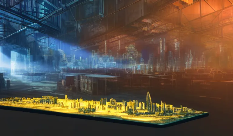 Image similar to large group of people in walled warehouse, looking at hologram of futuristic city on a table, cinematic concept art, godrays, golden hour, natural sunlight, 4 k, clear details, tabletop model buildings, center model buildings, hologram center, crane shot, crane shot, crane shot