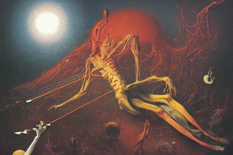 Prompt: katamari damacy as cosmic horrifying artwork of a demonic painting of a skinny living corpse playing the violin by zdzisław beksinski