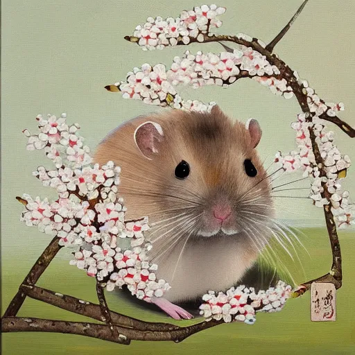Image similar to “ a naturalistic painting, of a hamster in shogun armor, with sakura blossoms in the background, oil on canvas, a 4 canvas ”